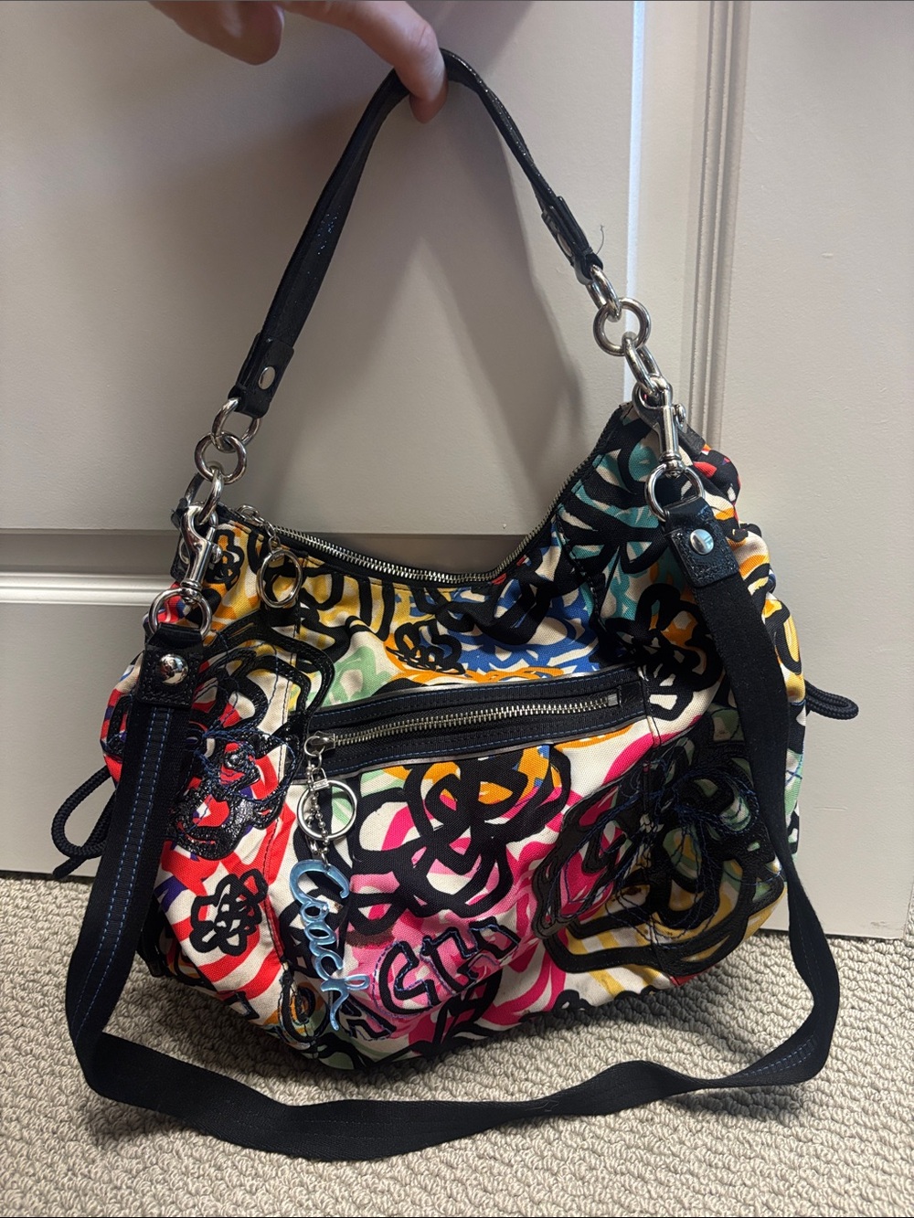 Coach Multicolor Floral Canvas Shoulder Bag with Black Trim - Picture 2 of 7